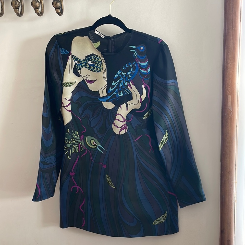 Closet closing sale Miu Miu Retro Bird Print 100% Silk Micro Mini Dress Sz 40